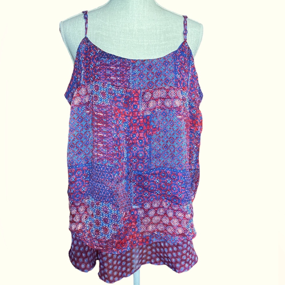 Faded Glory Sheer Red & Blue Patterned Layered Tank Top